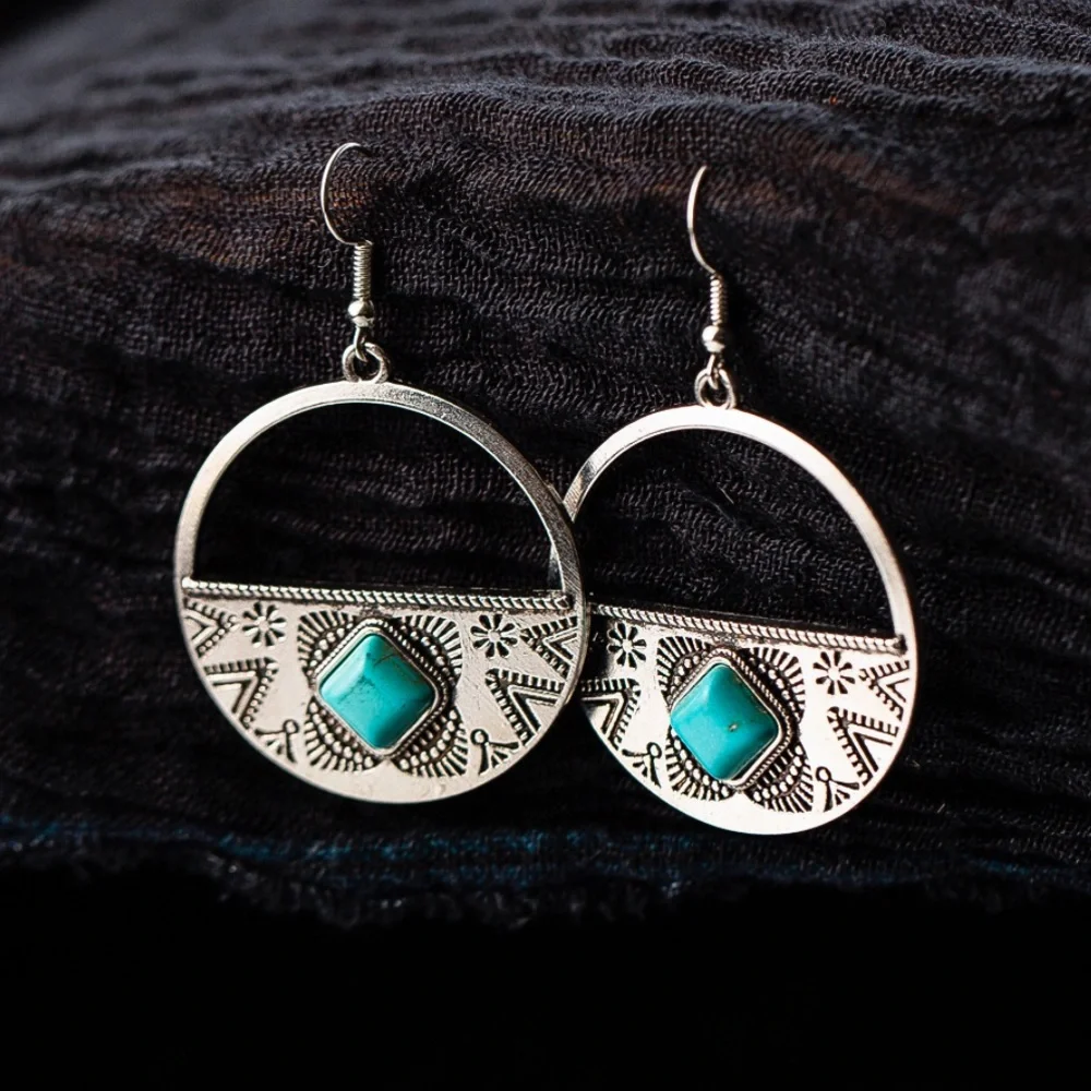 Silver Turquoise Gem Round Boho Drop Earrings